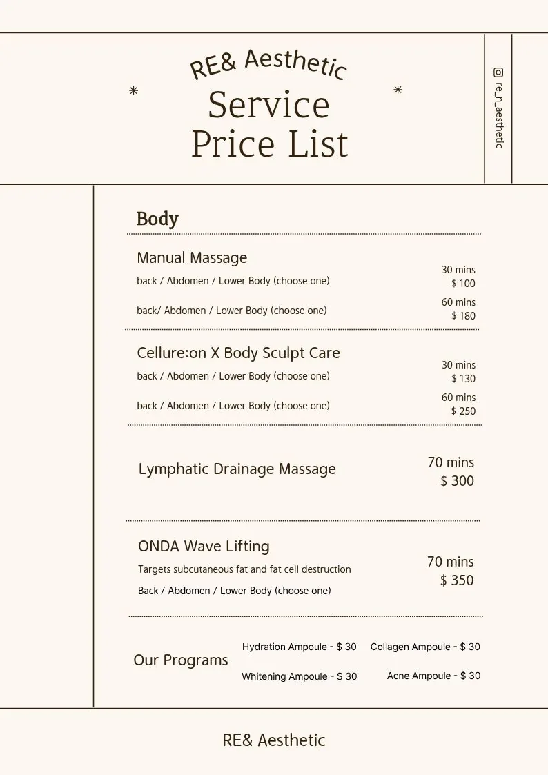 리엔에스테틱 강남 마사지·바디 가격표 — 수기 마사지, 셀리온 X 바디 스컬프, 림프 드레니지, 온다 웨이브 리프팅